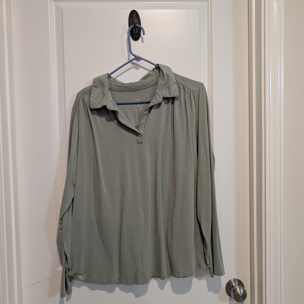 Belle by Kim Gravel Sage Green Long Sleeve Polo Blouse